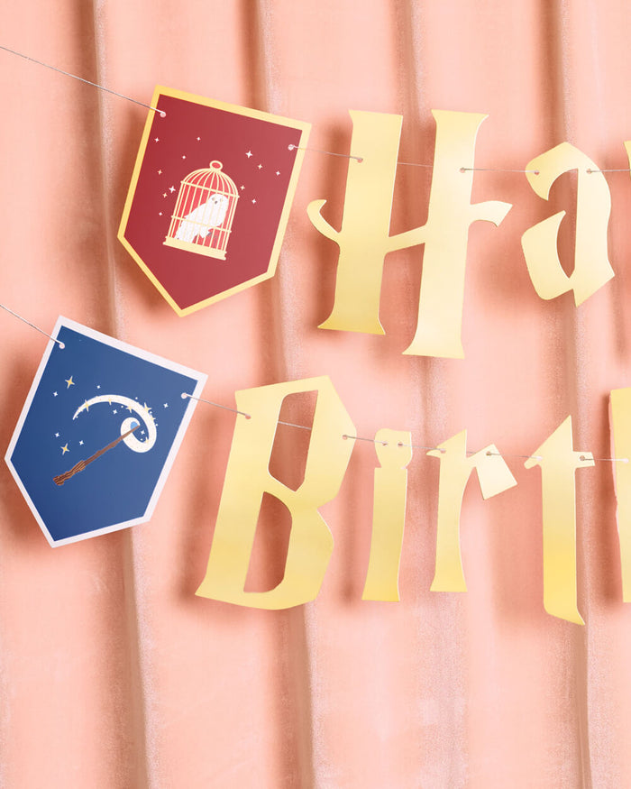 Wizard Birthday Banner - gold foil + colored pendants